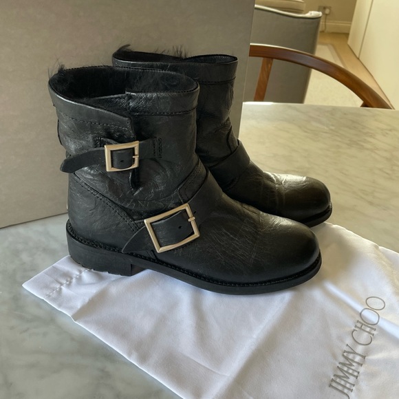JIMMY CHOO Black Leather Combat Fur Lined Biker Boots 37 Worn Twice! - Picture 1 of 7